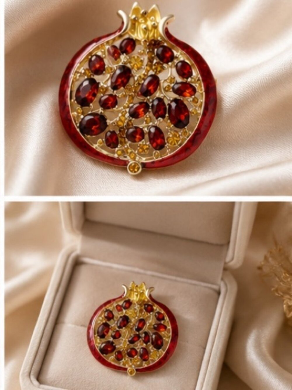 Artisan Pomegranate Brooch Ruby Crystal Gold